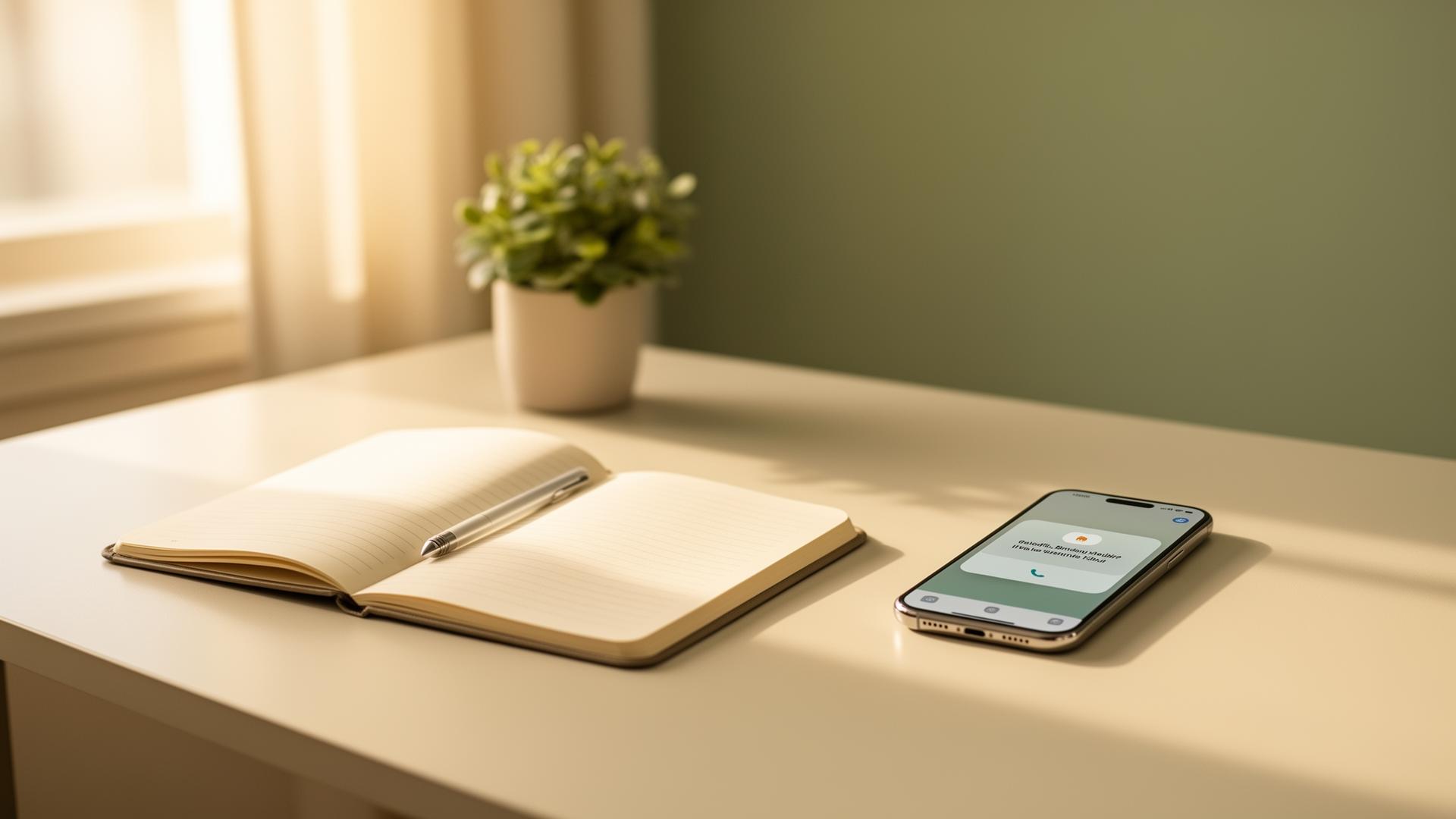 Roligt terapeut-skrivebord med notesbog, plante og telefon med påmindelse